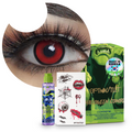 Combo Halloween Rojo Manson: pupilentes de fantasía, estuche, solución limpiadora y tatuajes temporales