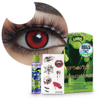 Combo Halloween Rojo Manson: pupilentes de fantasía, estuche, solución limpiadora y tatuajes temporales
