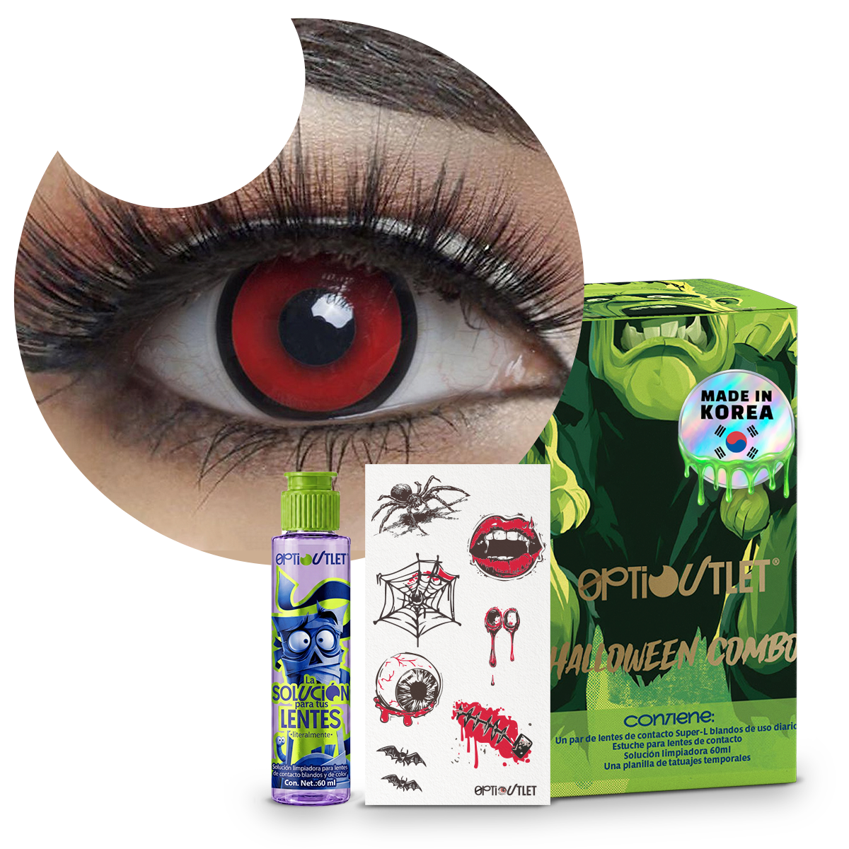 Combo Halloween Rojo Manson: pupilentes de fantasía, estuche, solución limpiadora y tatuajes temporales