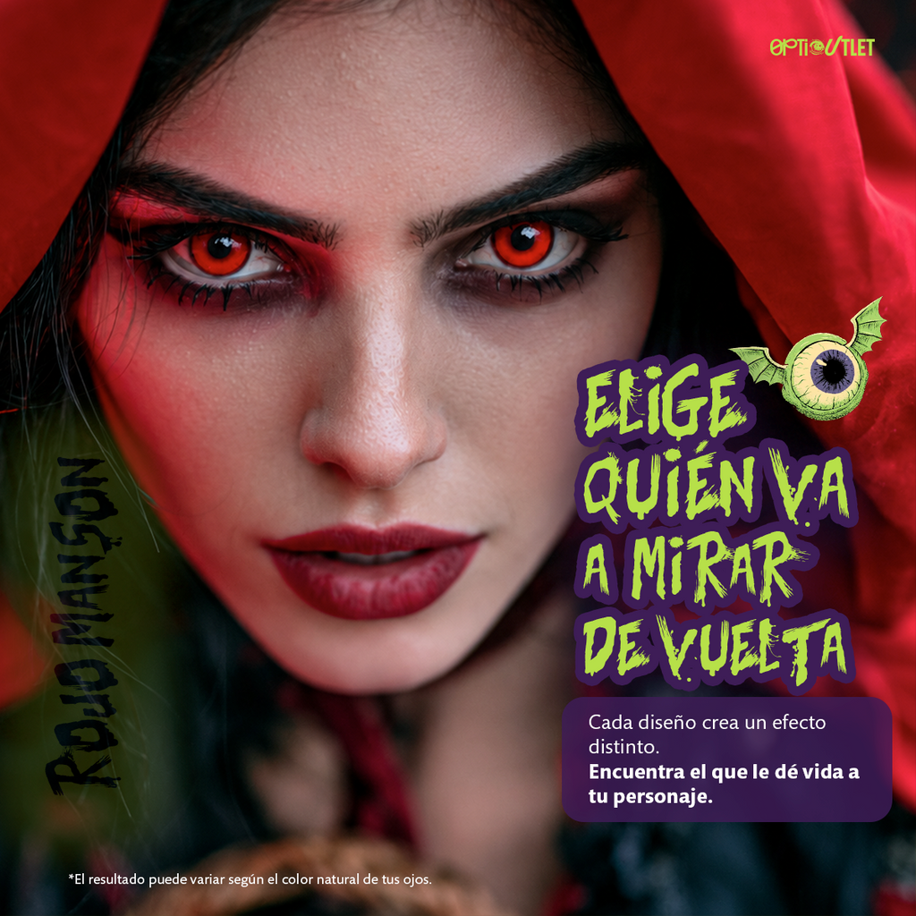 Modelo caracterizado con los pupilentes de fantasía Rojo Manson