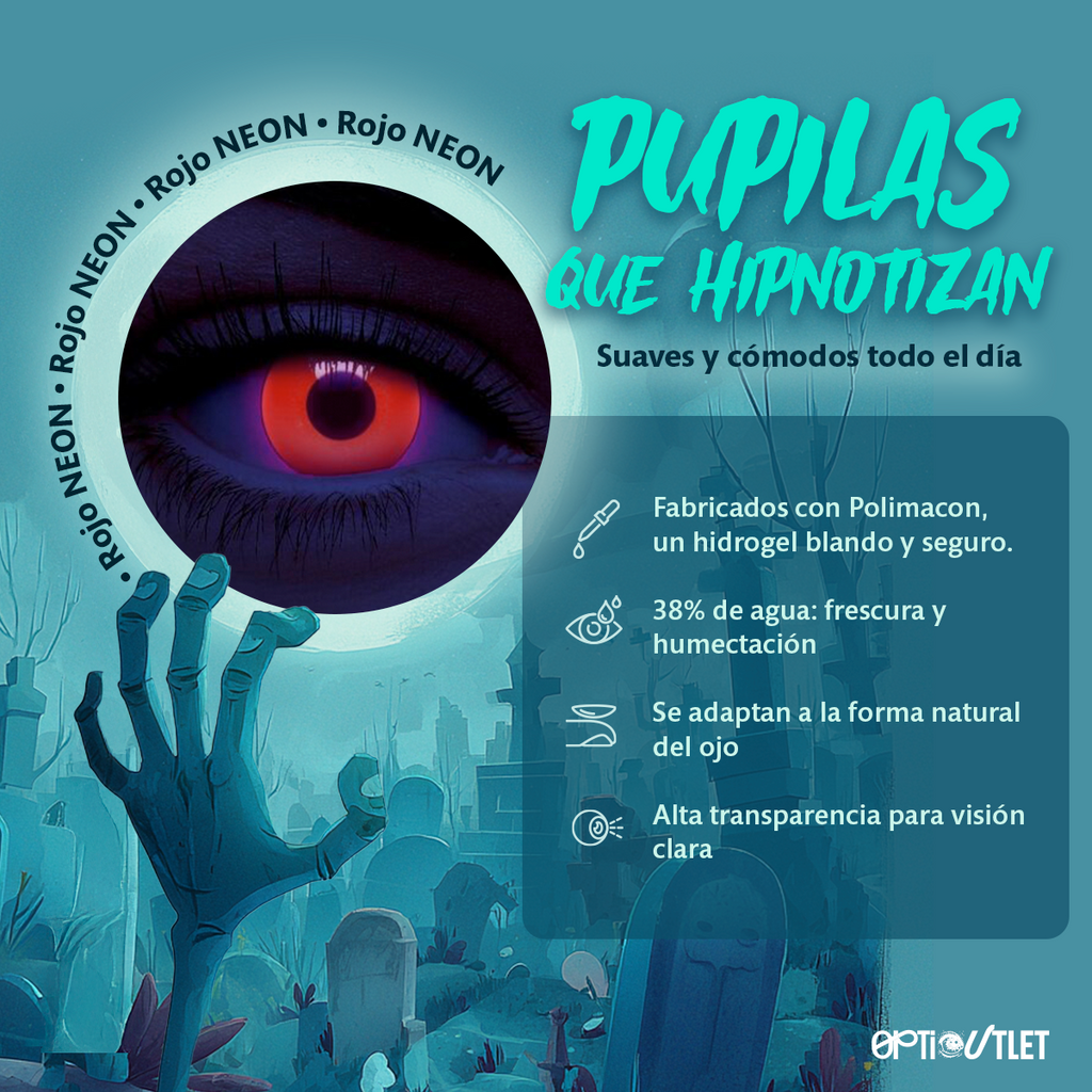 Ficha técnica de los pupilentes Rojo Neón: Polimacon, 38% de agua