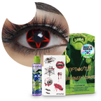 Combo Halloween Rojo Pentagrama: pupilentes de fantasía, estuche, solución limpiadora y tatuajes temporales