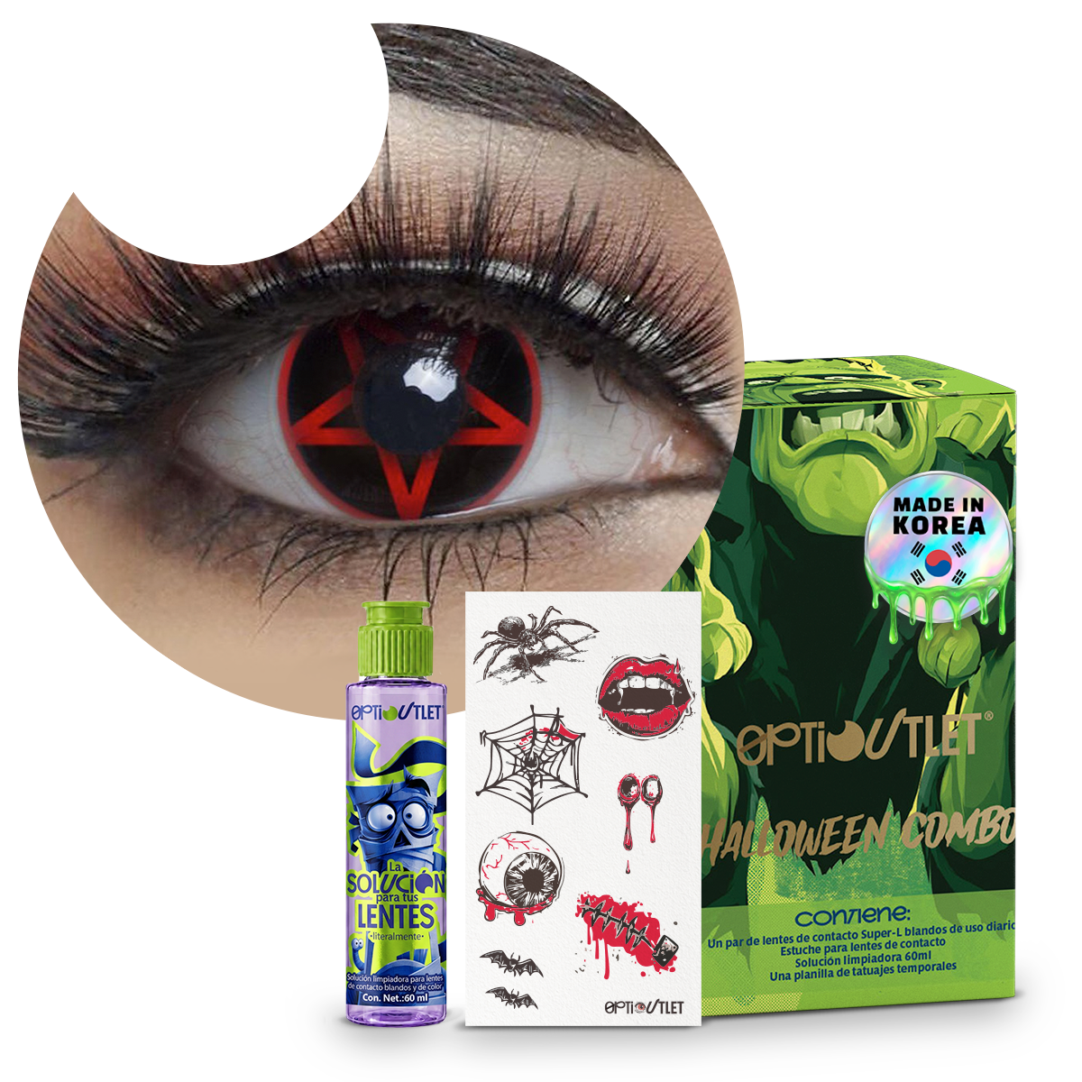 Combo Halloween Rojo Pentagrama: pupilentes de fantasía, estuche, solución limpiadora y tatuajes temporales