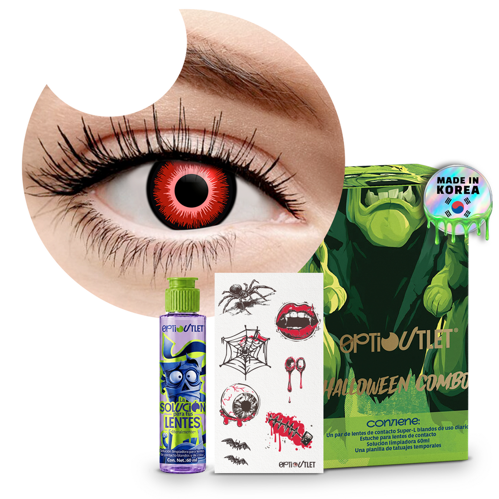 Combo Halloween Rojo Vampiro: pupilentes de fantasía, estuche, solución limpiadora y tatuajes temporales