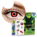 Combo Halloween Rojo Vampiro: pupilentes de fantasía, estuche, solución limpiadora y tatuajes temporales