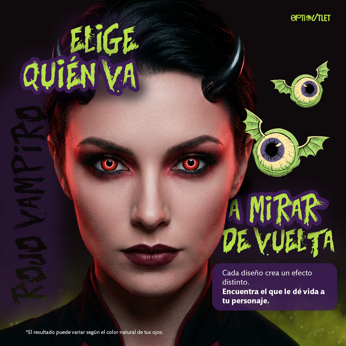Modelo caracterizado con los pupilentes de fantasía Rojo Vampiro