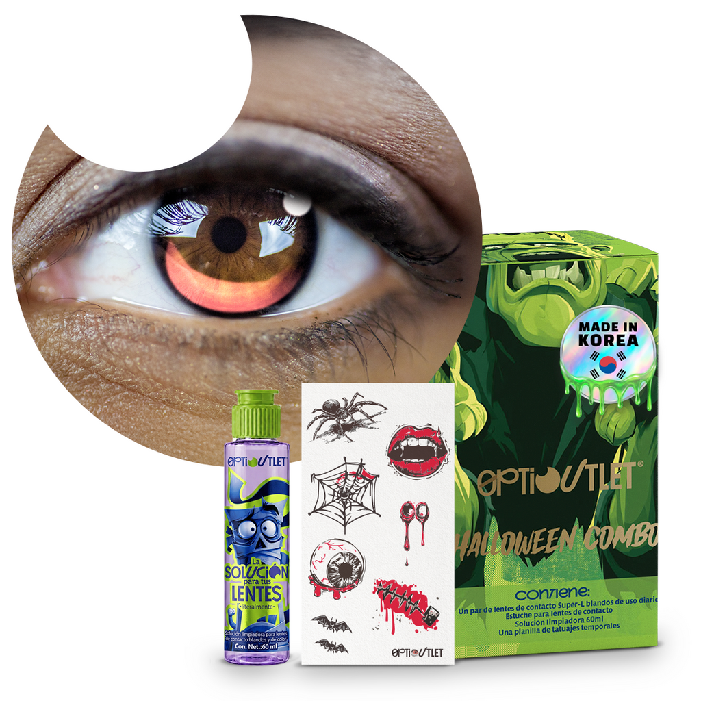 Combo Halloween Rosa Encantado: pupilentes de fantasía, estuche, solución limpiadora y tatuajes temporales