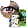 Combo Halloween Rosa Encantado: pupilentes de fantasía, estuche, solución limpiadora y tatuajes temporales