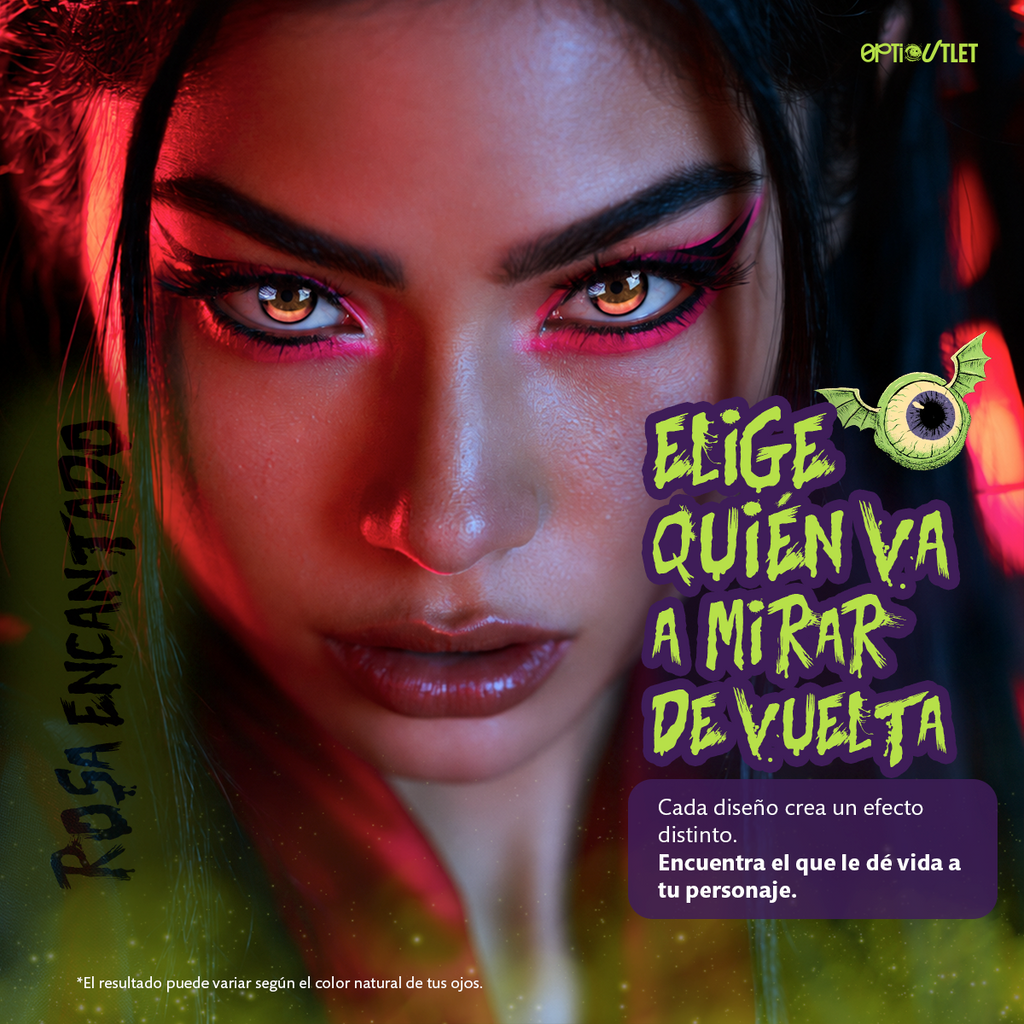 Modelo caracterizado con los pupilentes de fantasía Rosa Encantado