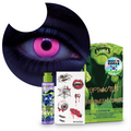 Combo Halloween Rosa Neón: pupilentes de fantasía, estuche, solución limpiadora y tatuajes temporales