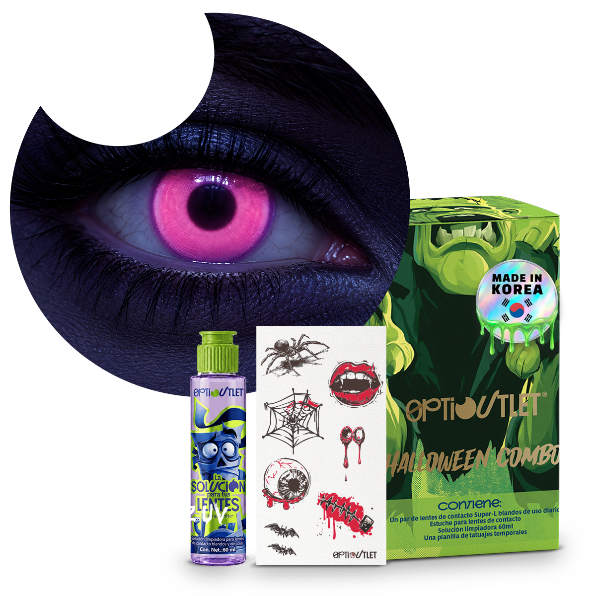 Combo Halloween Rosa Neón: pupilentes de fantasía, estuche, solución limpiadora y tatuajes temporales
