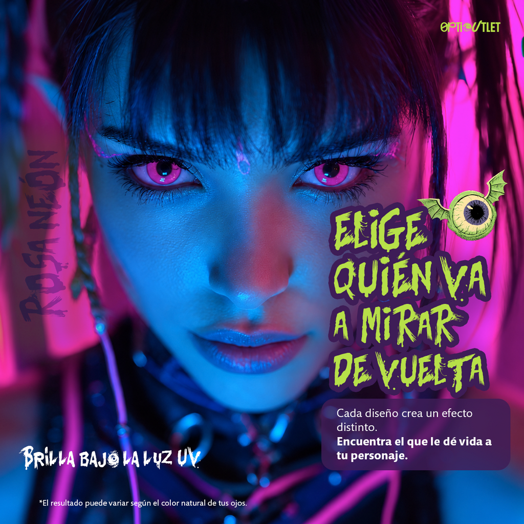Modelo caracterizado con los pupilentes de fantasía Rosa Neón