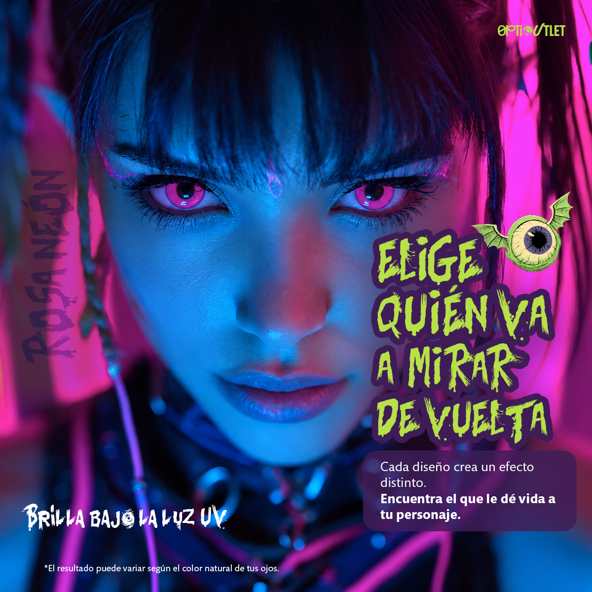 Modelo caracterizado con los pupilentes de fantasía Rosa Neón