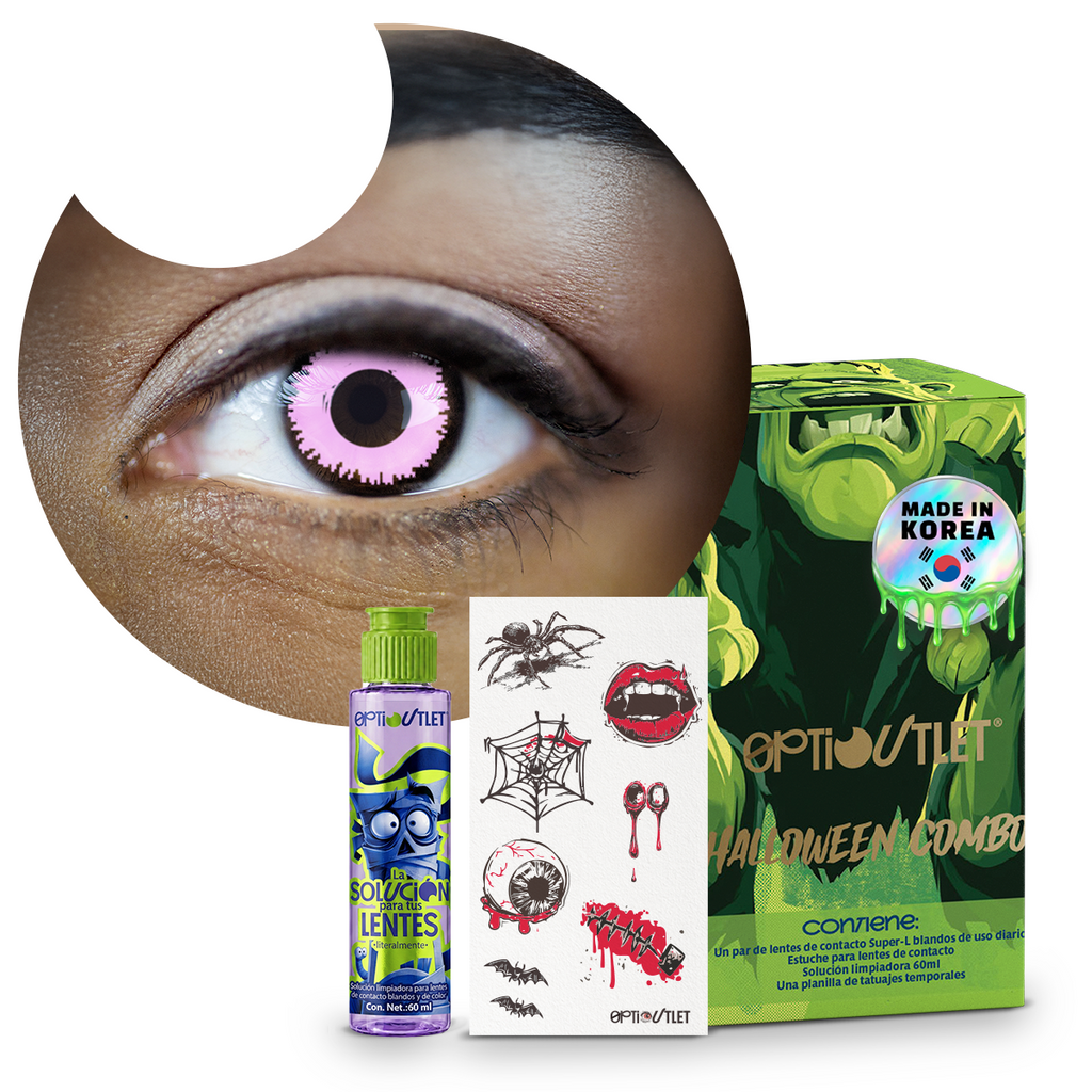 Combo Halloween Rosa Vampiro: pupilentes de fantasía, estuche, solución limpiadora y tatuajes temporales