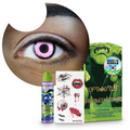 Combo Halloween Rosa Vampiro: pupilentes de fantasía, estuche, solución limpiadora y tatuajes temporales