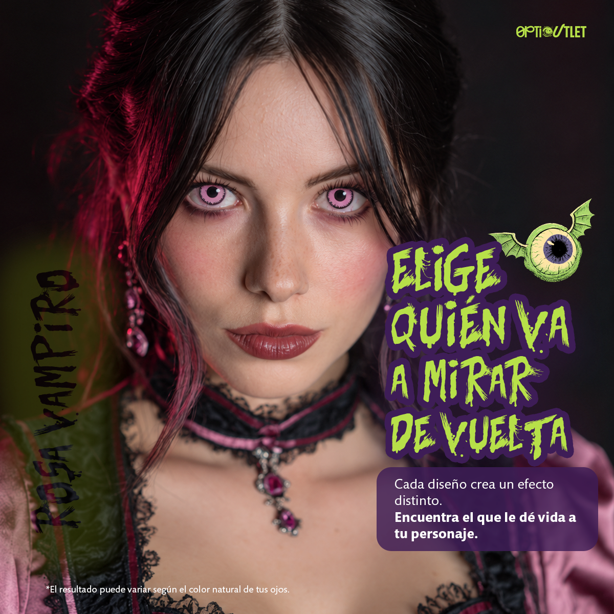 Modelo caracterizado con los pupilentes de fantasía Rosa Vampiro
