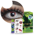 Combo Halloween Sangrado Corte: pupilentes de fantasía, estuche, solución limpiadora y tatuajes temporales
