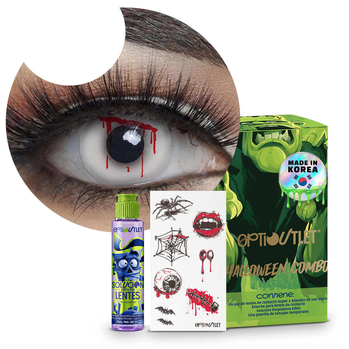 Combo Halloween Sangrado Corte: pupilentes de fantasía, estuche, solución limpiadora y tatuajes temporales