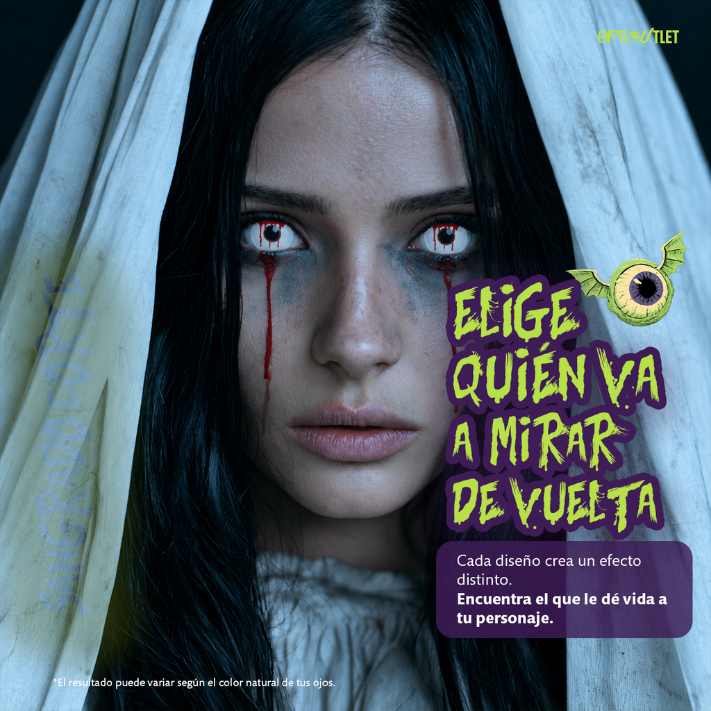 Modelo caracterizado con los pupilentes de fantasía Sangrado Corte
