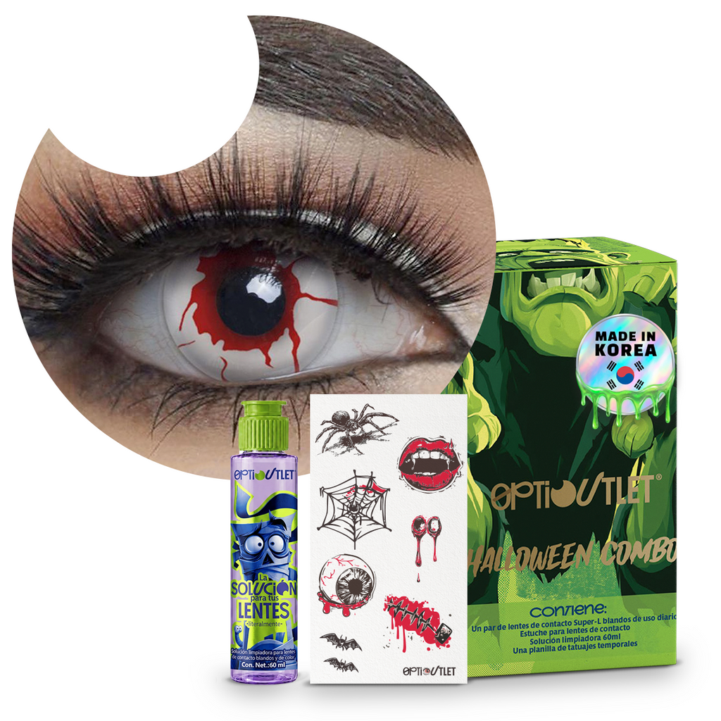 Combo Halloween Sangrado Splash: pupilentes de fantasía, estuche, solución limpiadora y tatuajes temporales