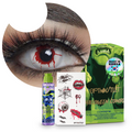 Combo Halloween Sangrado Splash: pupilentes de fantasía, estuche, solución limpiadora y tatuajes temporales