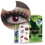 Combo Halloween Sangrado Splash: pupilentes de fantasía, estuche, solución limpiadora y tatuajes temporales