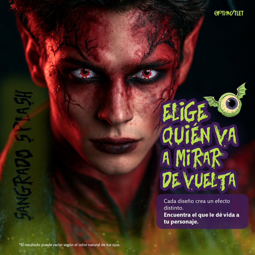 Modelo caracterizado con los pupilentes de fantasía Sangrado Splash