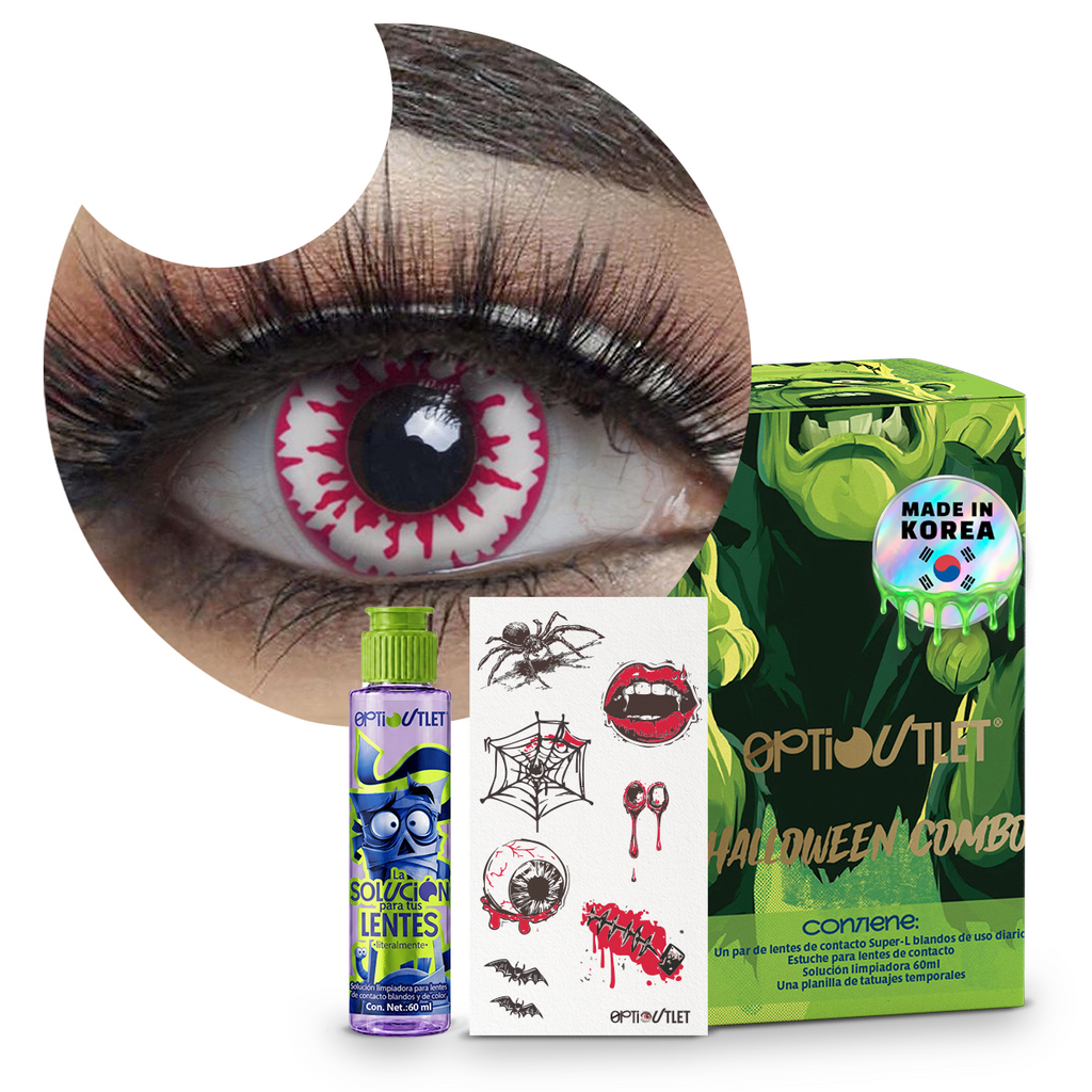 Combo Halloween Sangre Vampiro: pupilentes de fantasía, estuche, solución limpiadora y tatuajes temporales