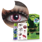 Combo Halloween Sangre Vampiro: pupilentes de fantasía, estuche, solución limpiadora y tatuajes temporales