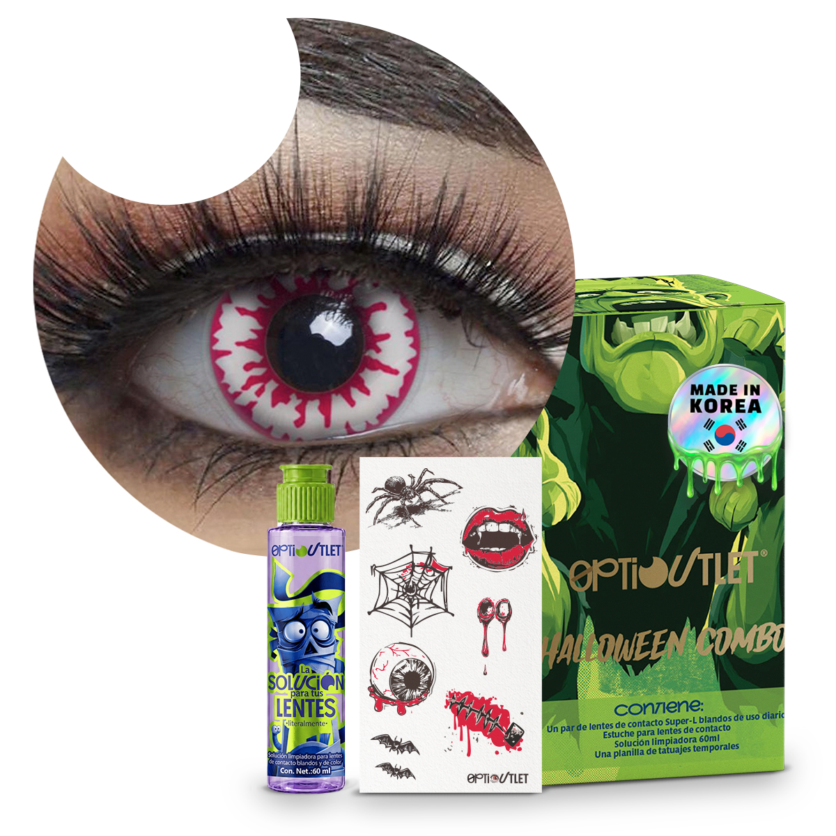 Combo Halloween Sangre Vampiro: pupilentes de fantasía, estuche, solución limpiadora y tatuajes temporales
