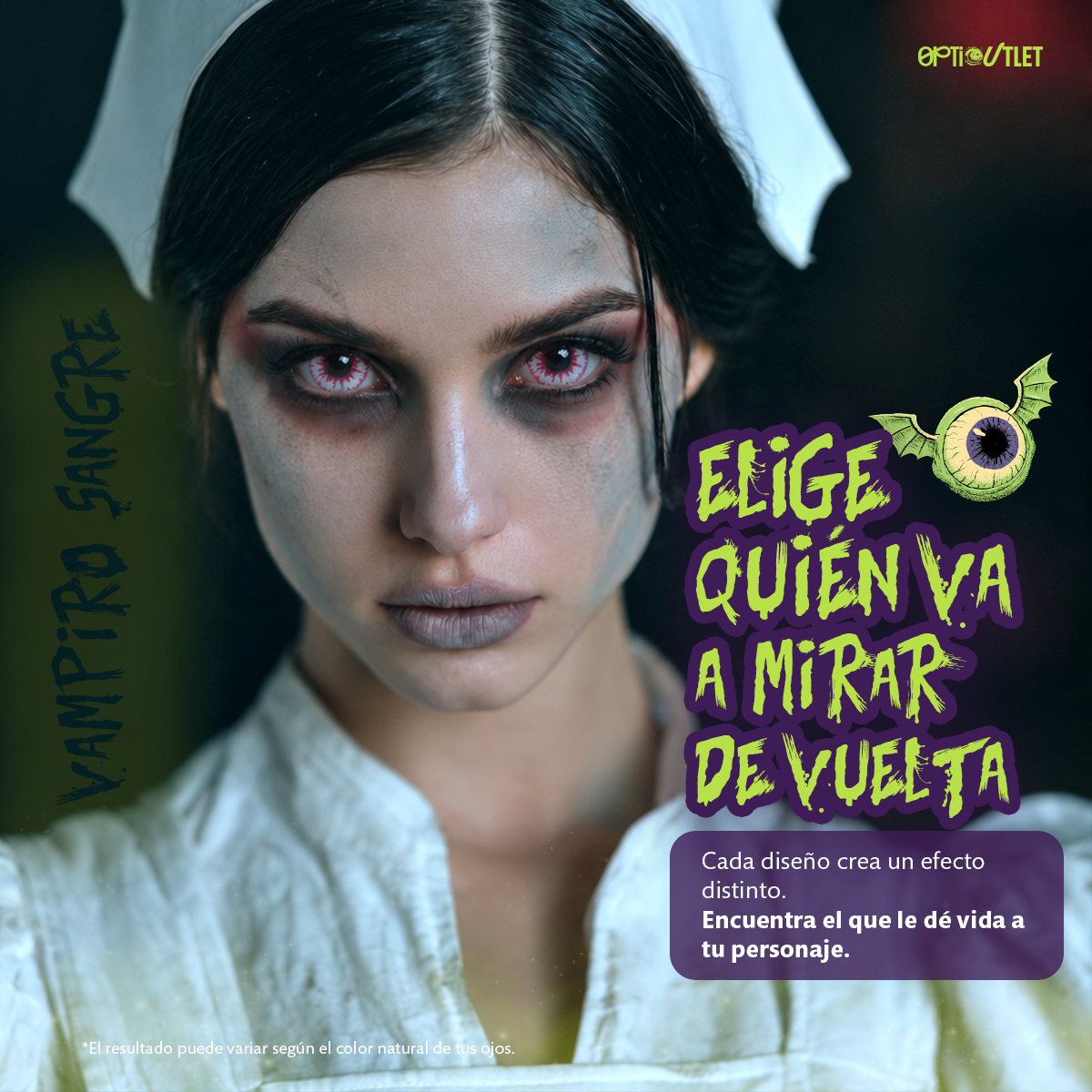 Modelo caracterizado con los pupilentes de fantasía Sangre Vampiro