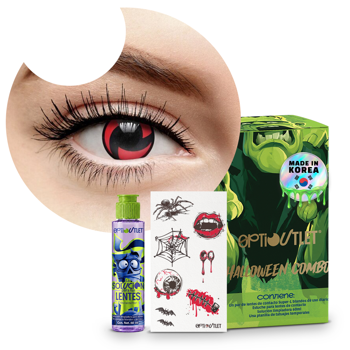 Combo Halloween Sharingan Kakashi: pupilentes de fantasía, estuche, solución limpiadora y tatuajes temporales