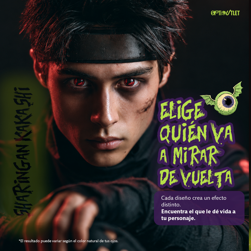 Modelo caracterizado con los pupilentes de fantasía Sharingan Kakashi