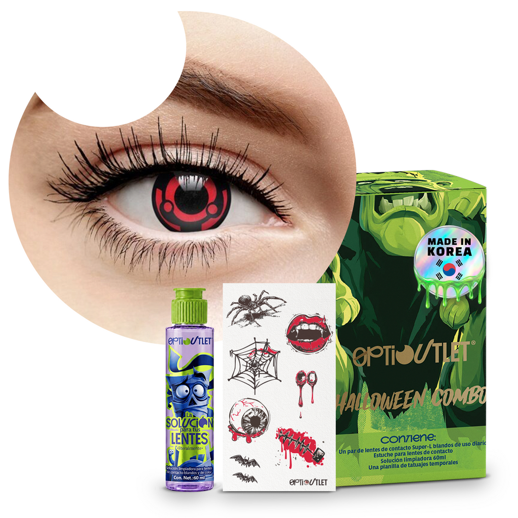 Combo Halloween Sharingan Madara: pupilentes de fantasía, estuche, solución limpiadora y tatuajes temporales