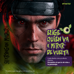 Modelo caracterizado con los pupilentes de fantasía Sharingan Madara