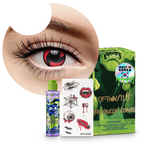 Combo Halloween Sharingan Mangekyou: pupilentes de fantasía, estuche, solución limpiadora y tatuajes temporales