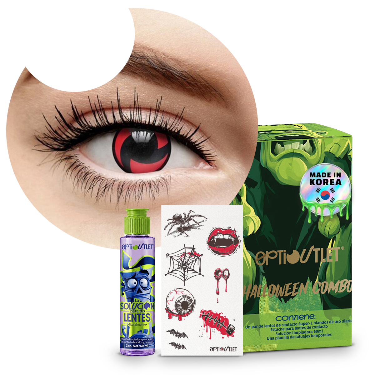 Combo Halloween Sharingan Mangekyou: pupilentes de fantasía, estuche, solución limpiadora y tatuajes temporales