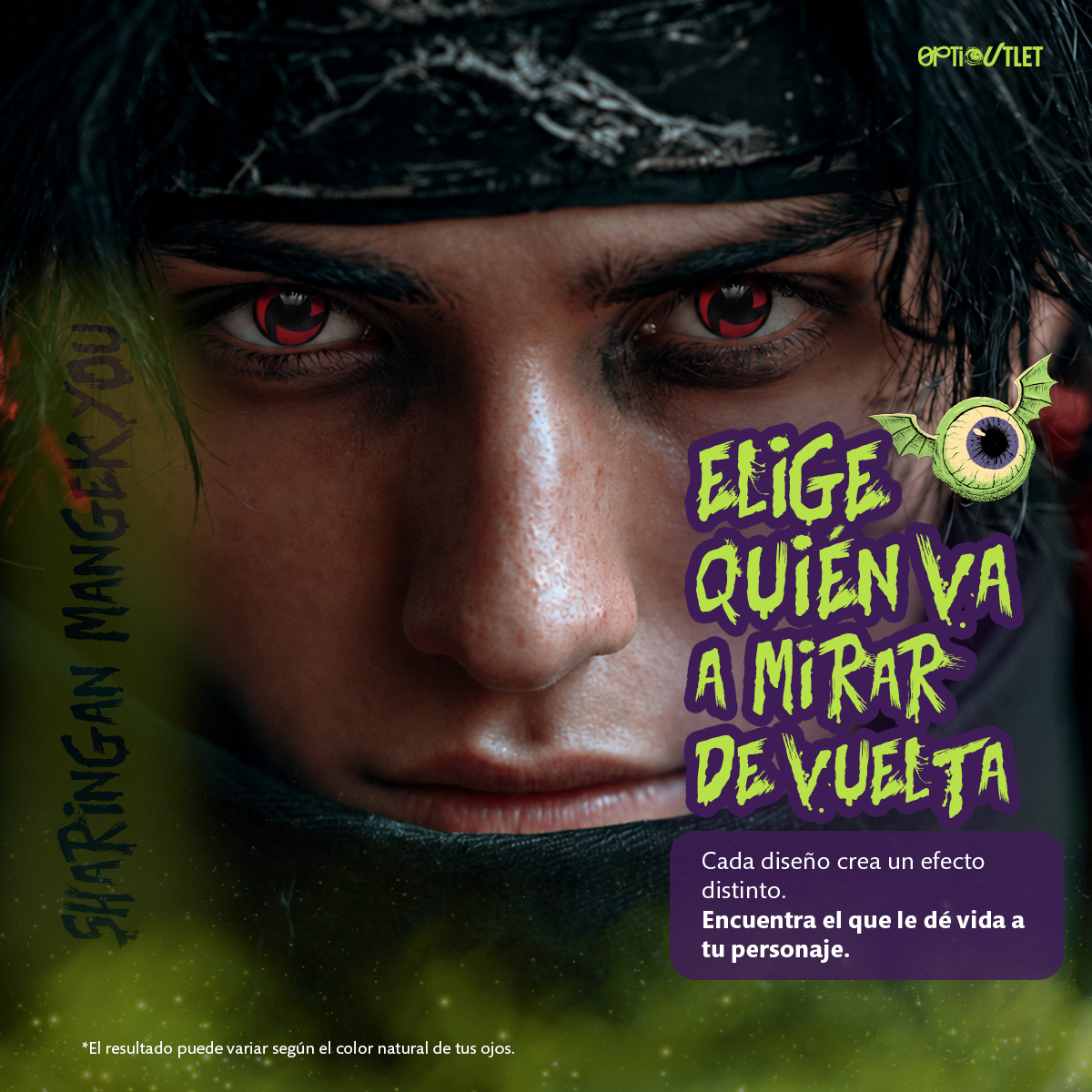Modelo caracterizado con los pupilentes de fantasía Sharingan Mangekyou
