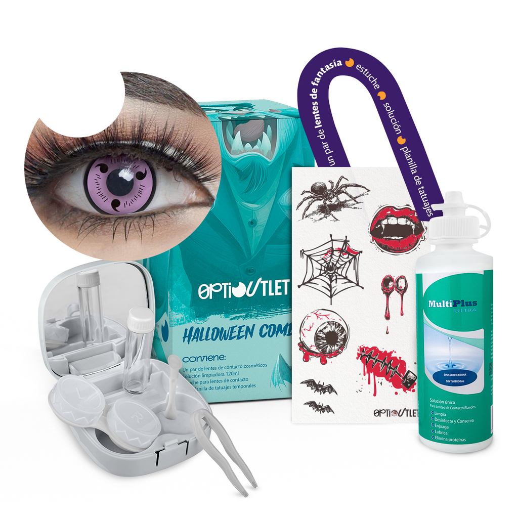 Combo Halloween Sharingan Morado Sasuke: pupilentes, estuche, solución y tatuajes temporales