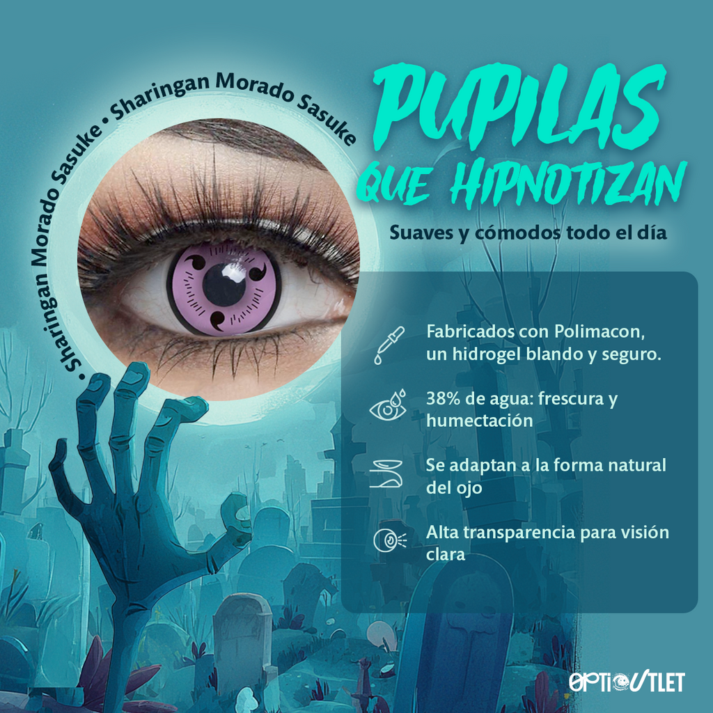 Ficha técnica de los pupilentes Sharingan Morado Sasuke: Polimacon, 38% de agua