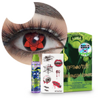 Combo Halloween Sharingan Sasuke: pupilentes de fantasía, estuche, solución limpiadora y tatuajes temporales