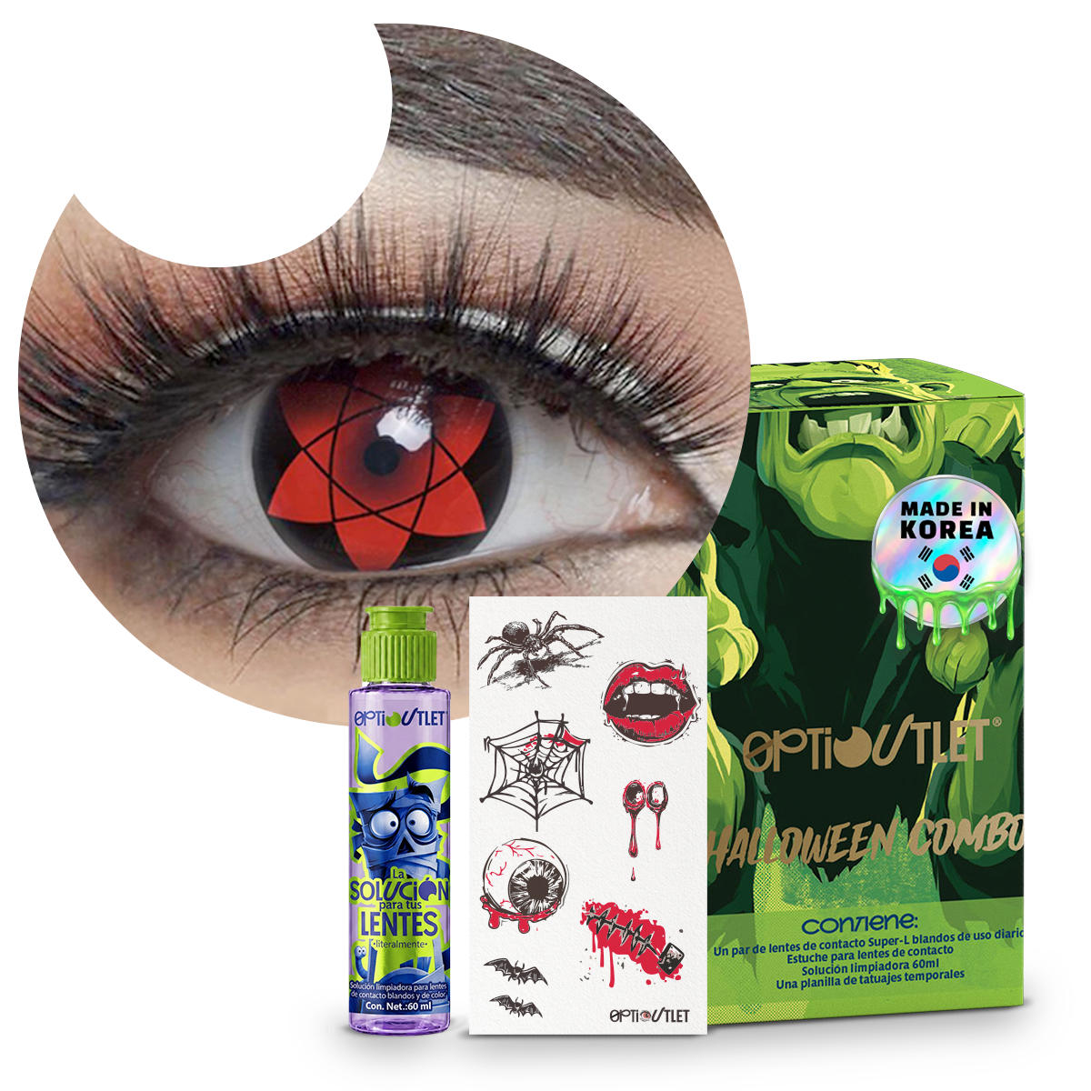 Combo Halloween Sharingan Sasuke: pupilentes de fantasía, estuche, solución limpiadora y tatuajes temporales