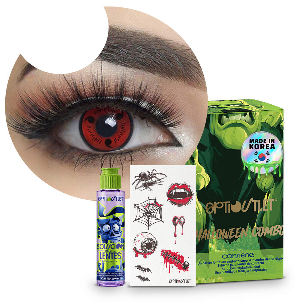 Combo Halloween Sharingan Tomoe: pupilentes de fantasía, estuche, solución limpiadora y tatuajes temporales