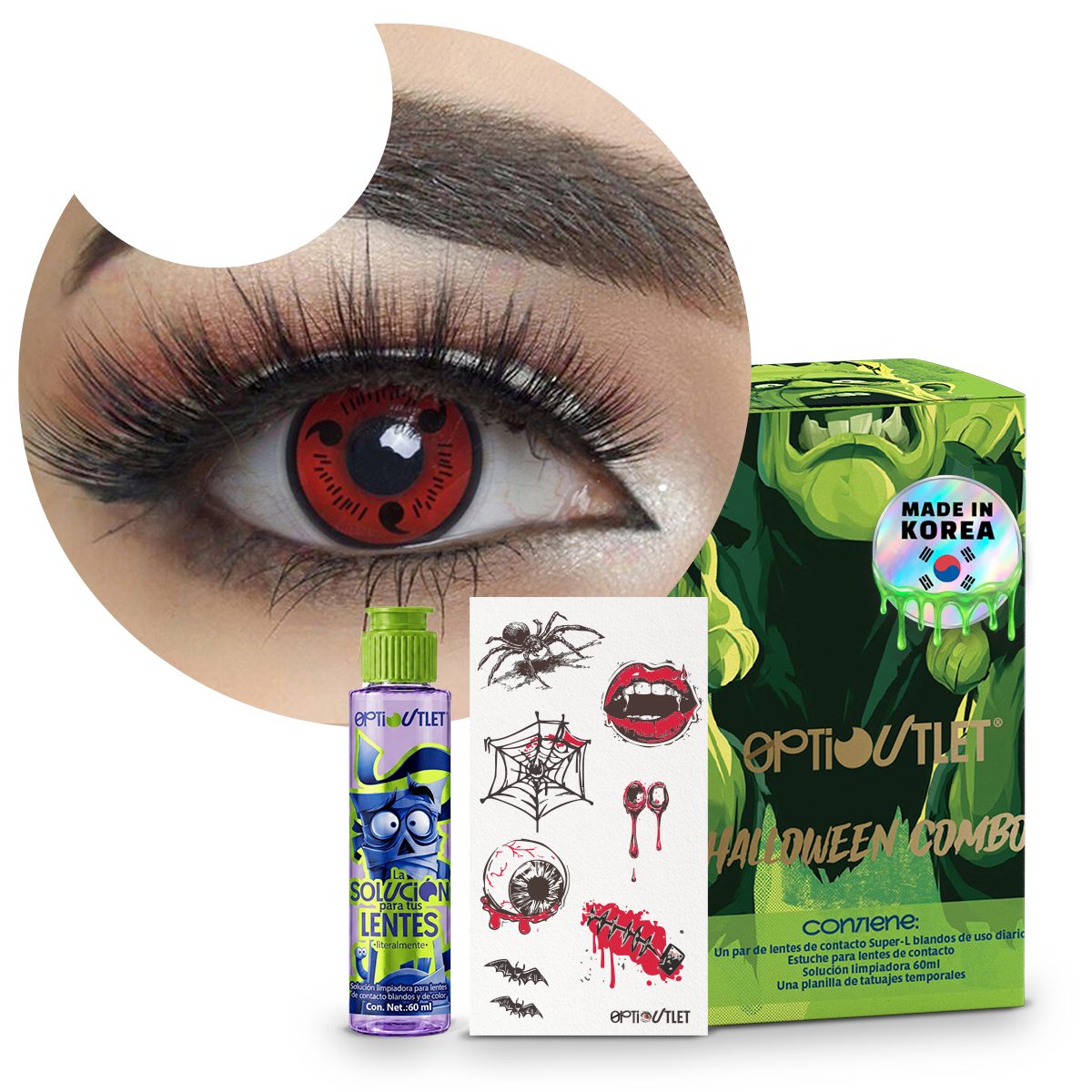 Combo Halloween Sharingan Tomoe: pupilentes de fantasía, estuche, solución limpiadora y tatuajes temporales