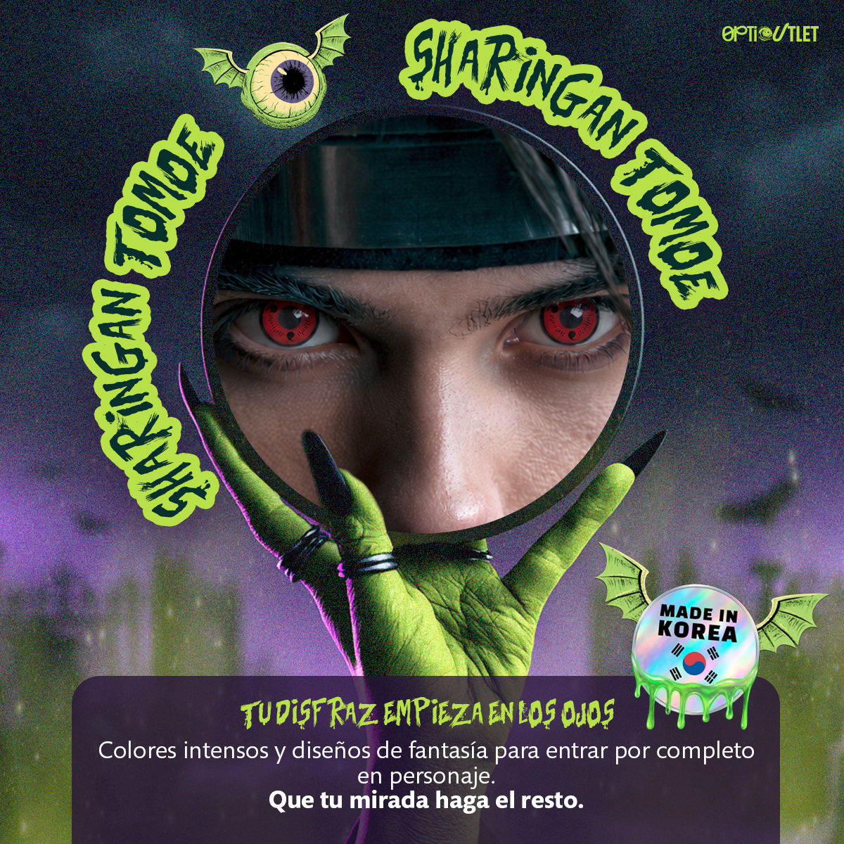 Pupilentes de fantasía Sharingan Tomoe de Optioutlet vistos de cerca