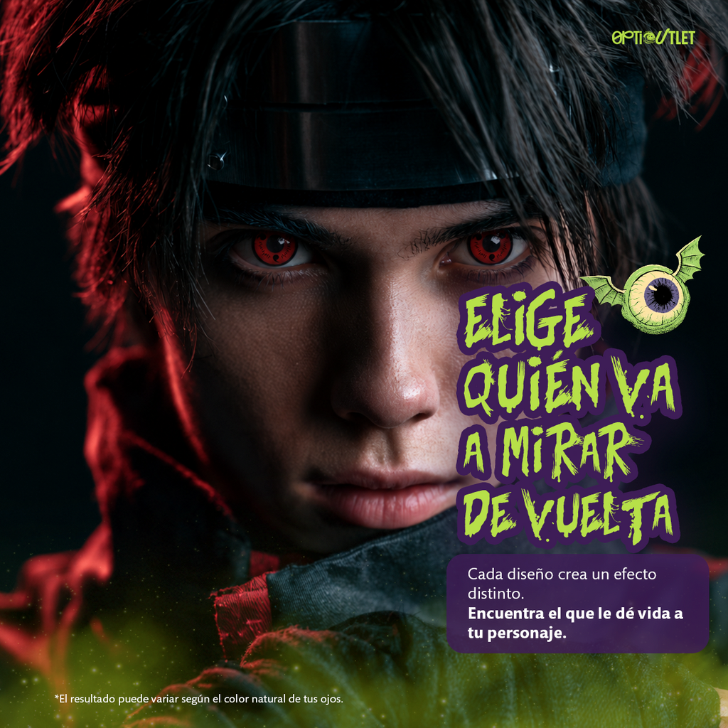 Modelo caracterizado con los pupilentes de fantasía Sharingan Tomoe