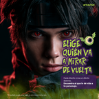 Modelo caracterizado con los pupilentes de fantasía Sharingan Tomoe