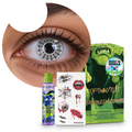 Combo Halloween Telaraña Blanco: pupilentes de fantasía, estuche, solución limpiadora y tatuajes temporales