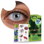 Combo Halloween Telaraña Blanco: pupilentes de fantasía, estuche, solución limpiadora y tatuajes temporales