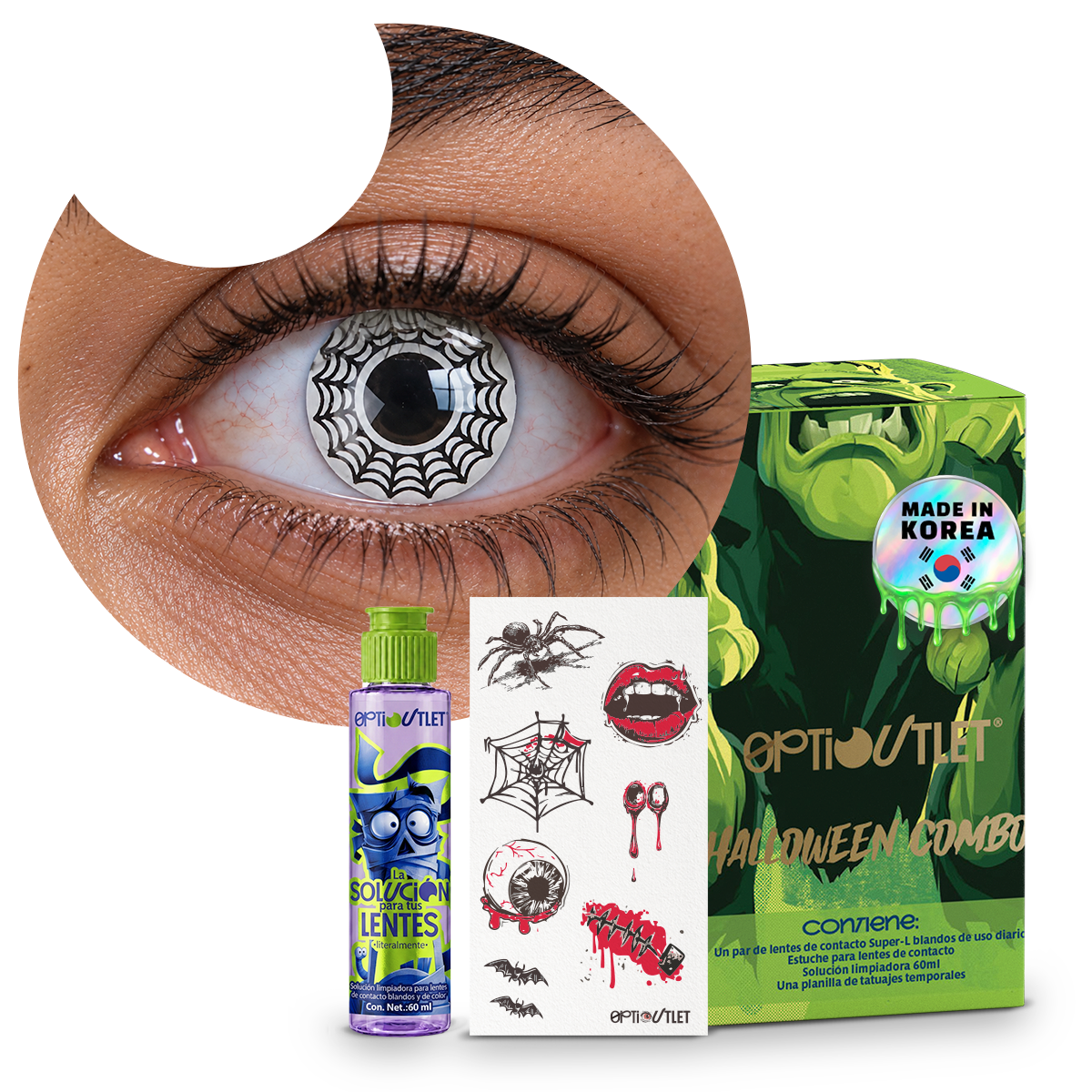 Combo Halloween Telaraña Blanco: pupilentes de fantasía, estuche, solución limpiadora y tatuajes temporales